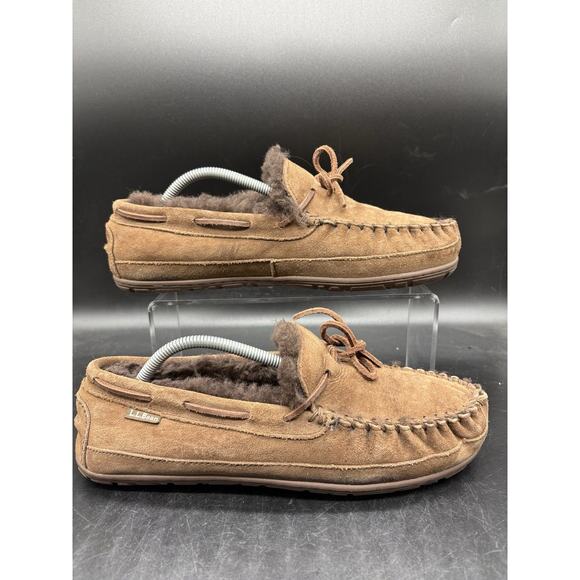 LL Bean Wicked Good Men\'s Size 10 Brown Suede Shearling Lined Moccasin Slippers main image 3